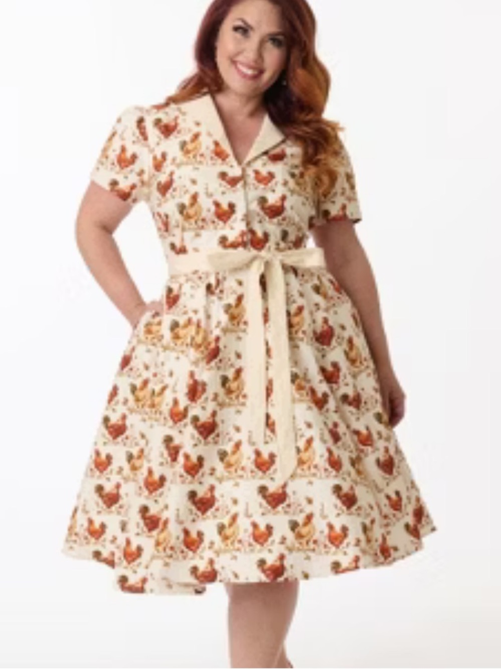 NEW Unique vintage beige rooster print cotton dress size: M(6-8) - Picture 1 of 4